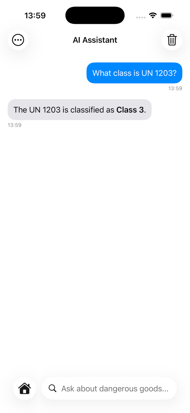 Asistente de IA respondiendo la clase de UN 1203